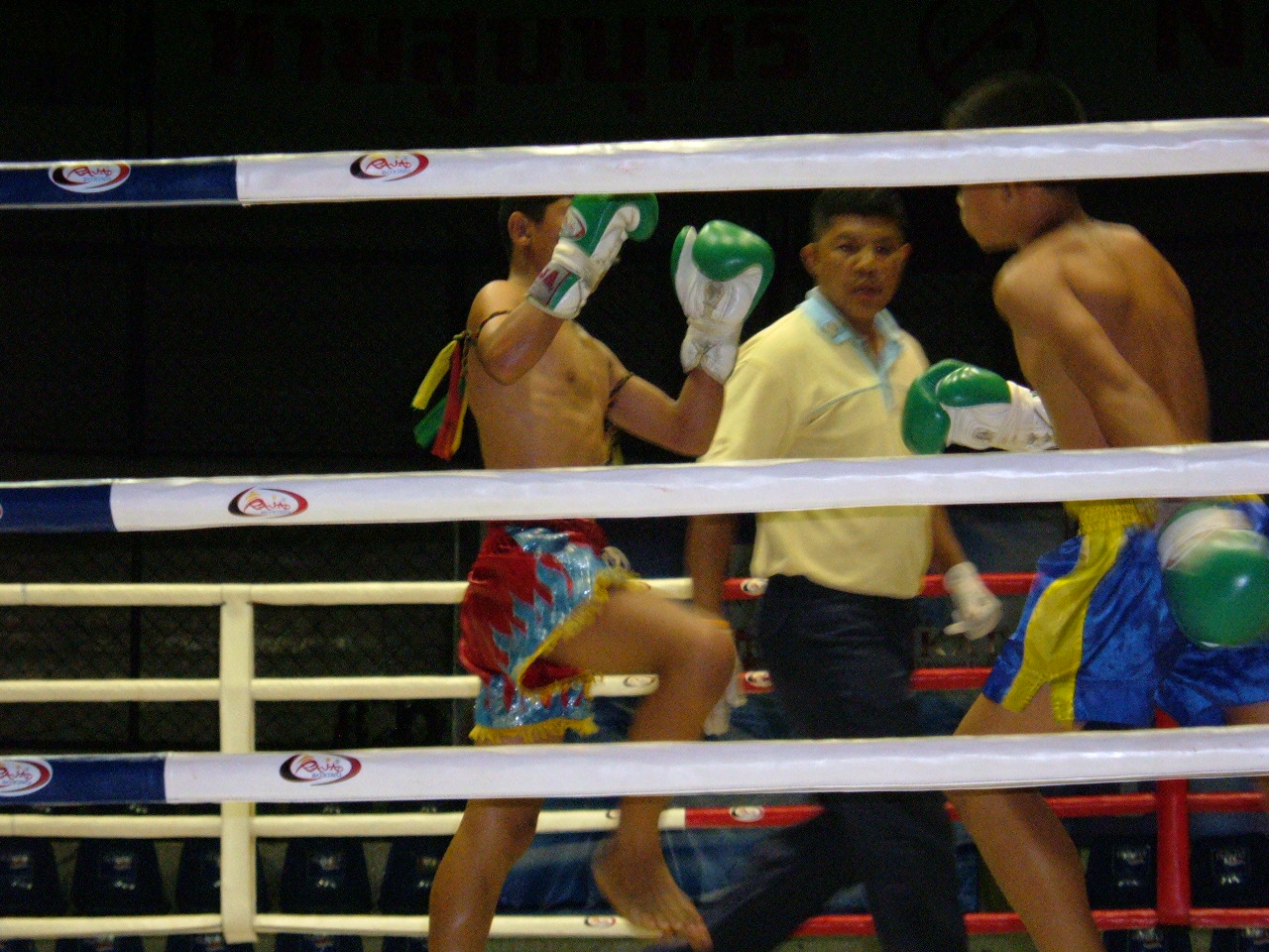 A Muay Thai bout at Rajadamnern Stadium, Bangkok